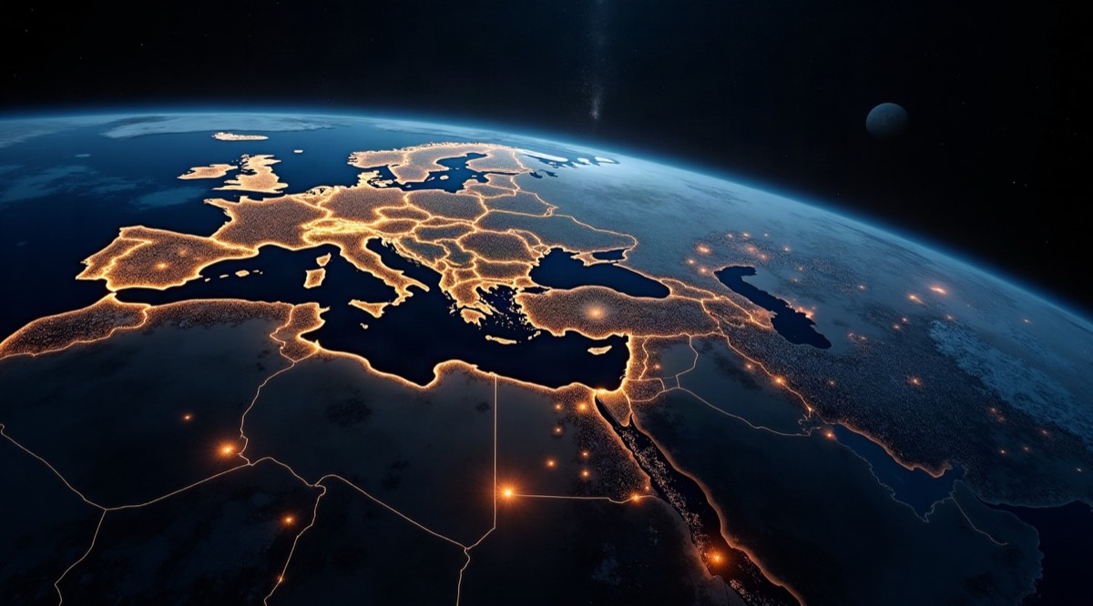 Earth at night seen from orbit, with cargo routes leaving Istanbul